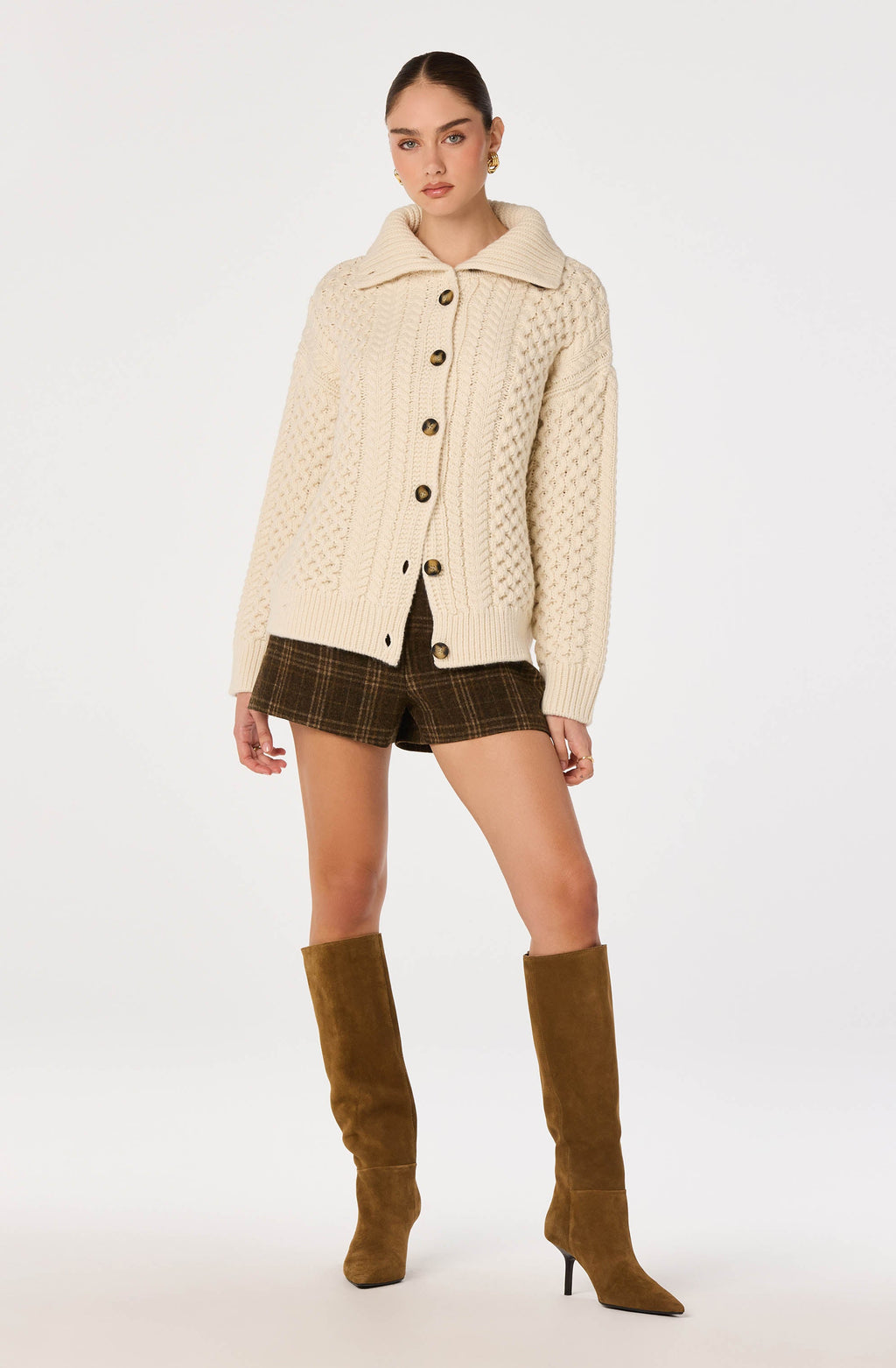 Crystelle Cable Knit Funnel Collar Cardigan