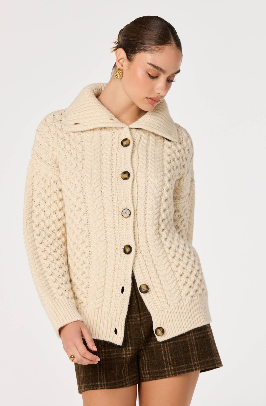 Crystelle Cable Knit Funnel Collar Cardigan