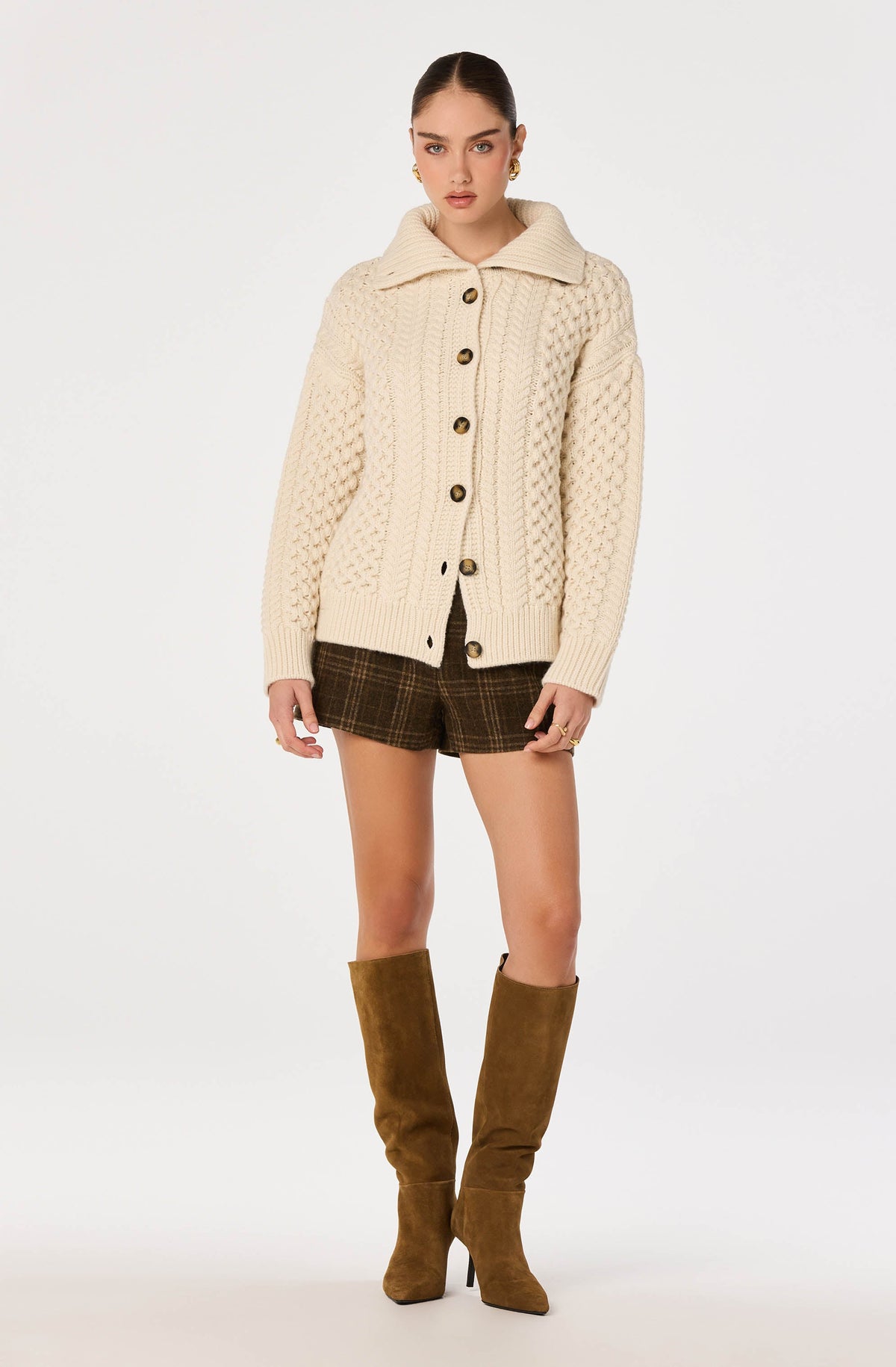 Crystelle Cable Knit Funnel Collar Cardigan