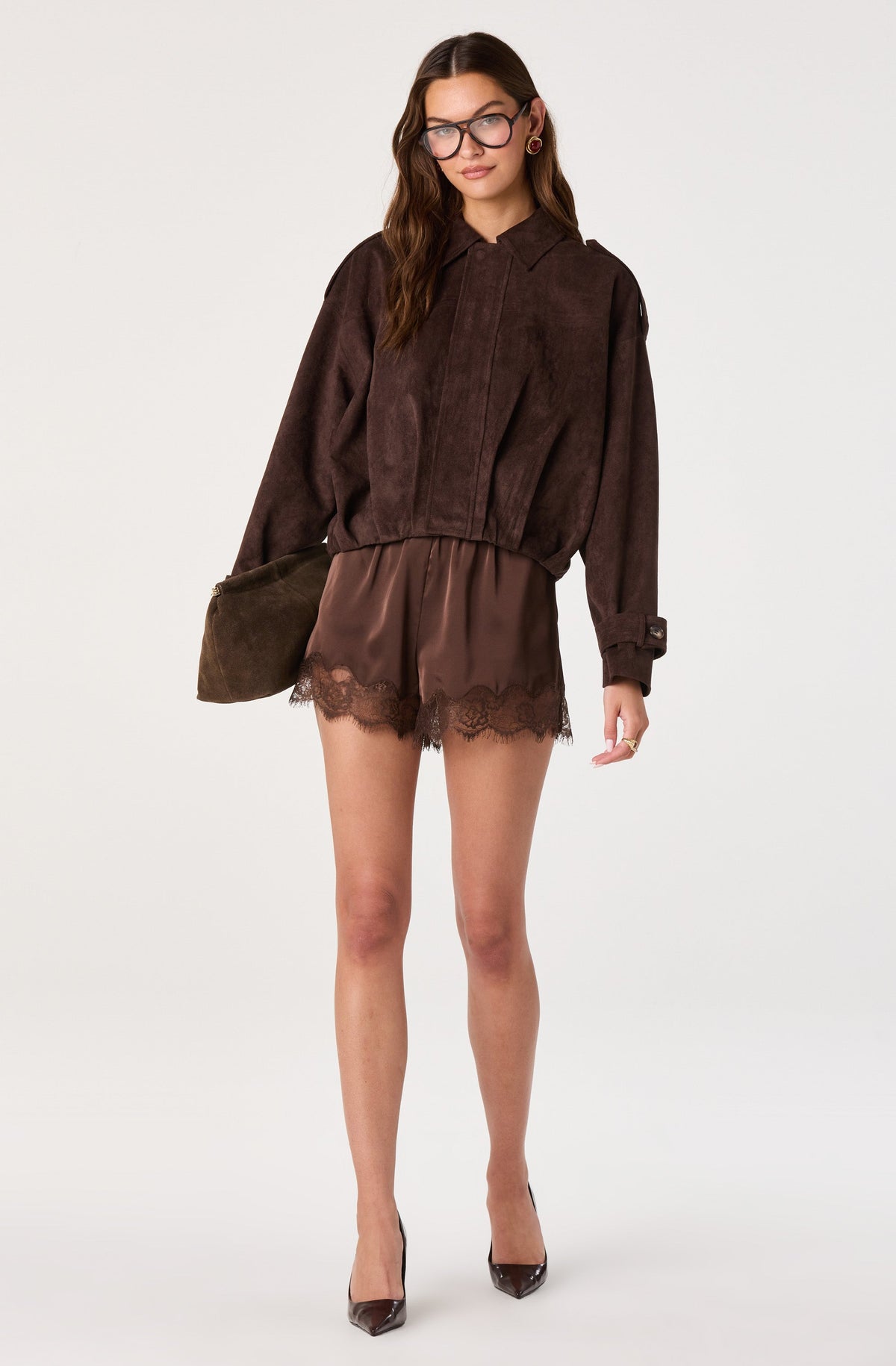 Evin Faux Suede Hem Bomber Jacket
