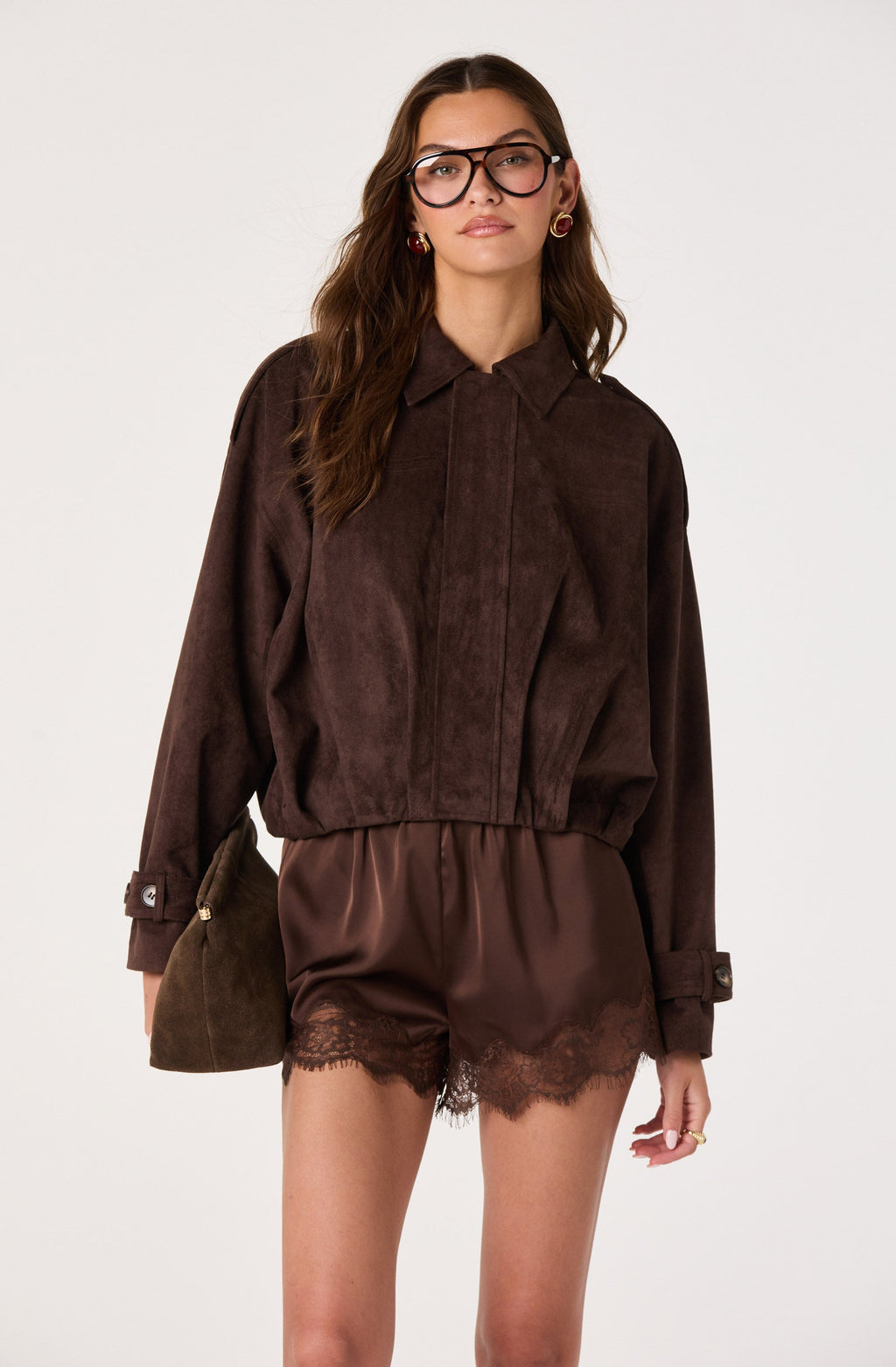 Evin Faux Suede Hem Bomber Jacket
