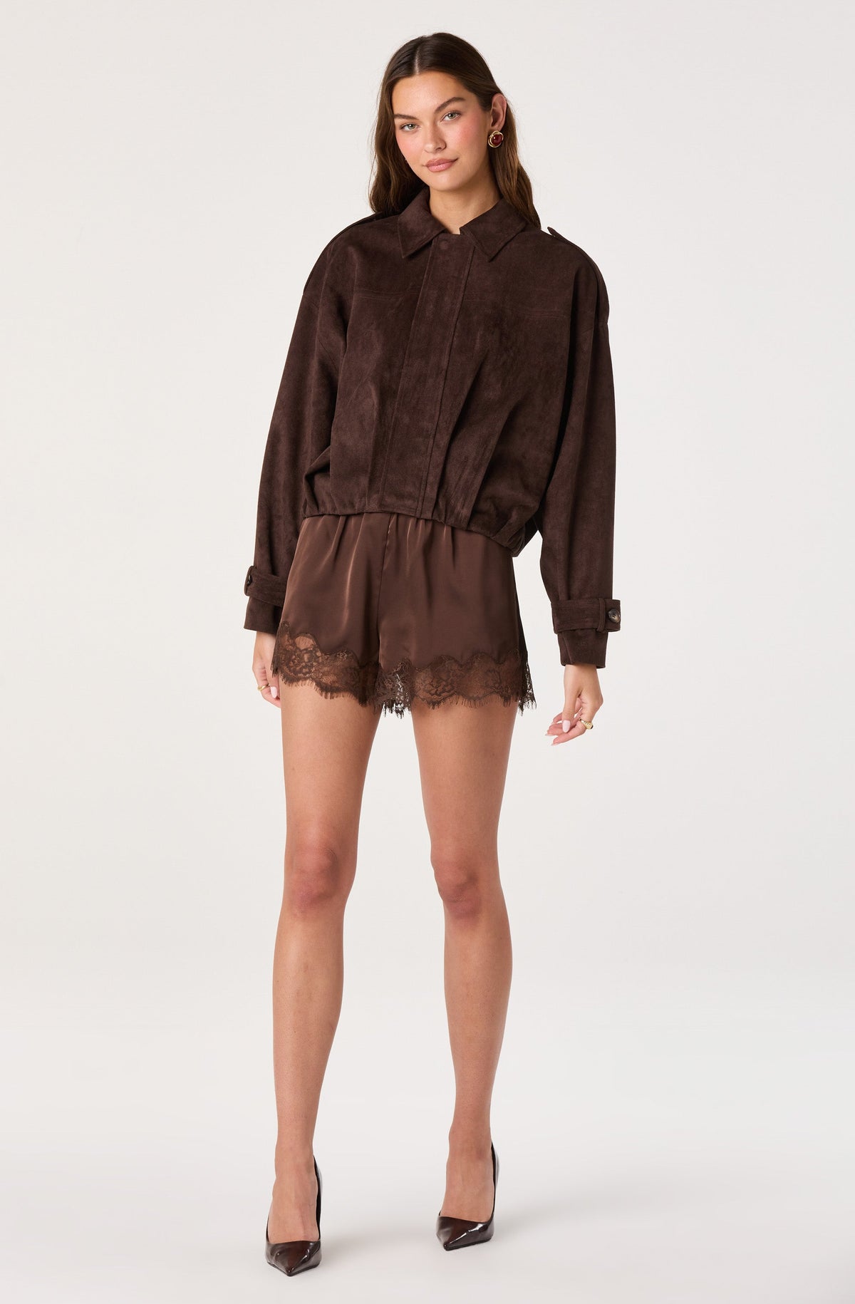 Evin Faux Suede Hem Bomber Jacket