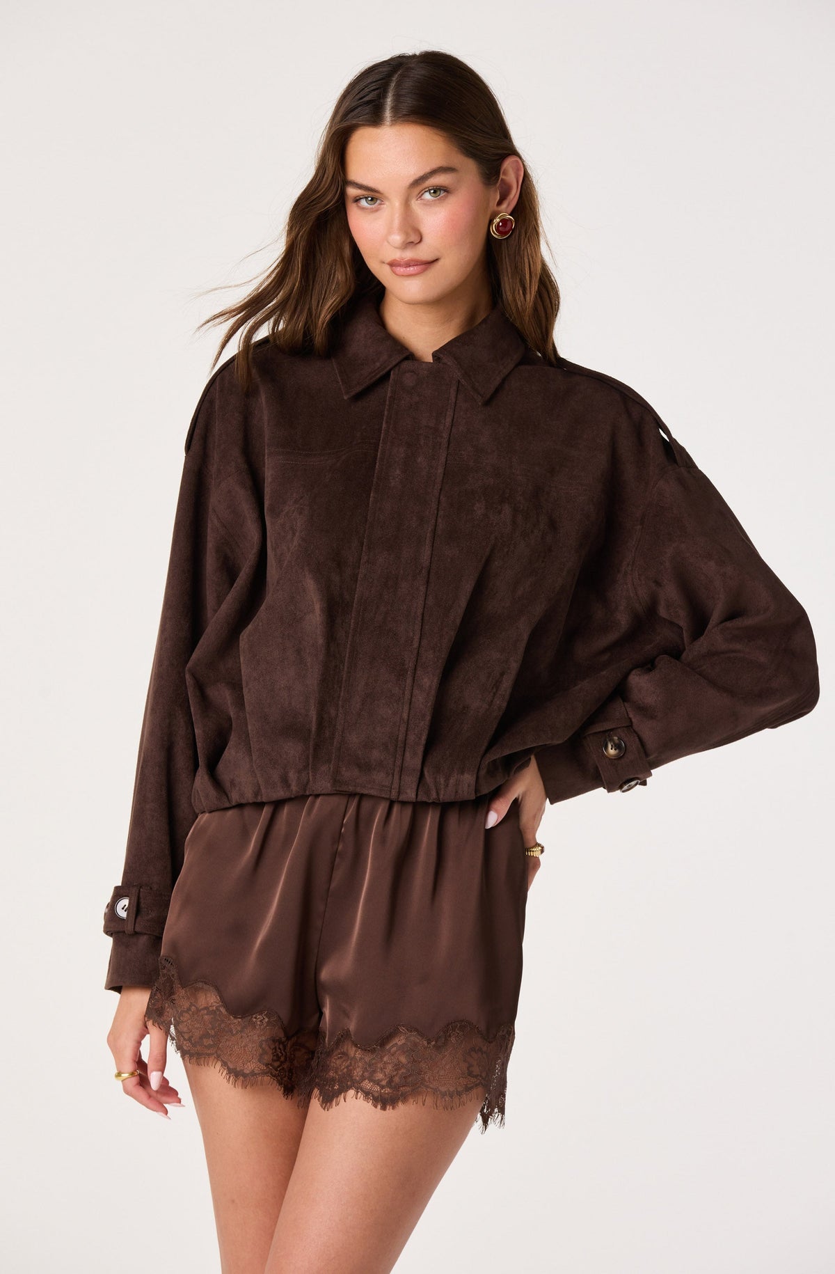 Evin Faux Suede Hem Bomber Jacket