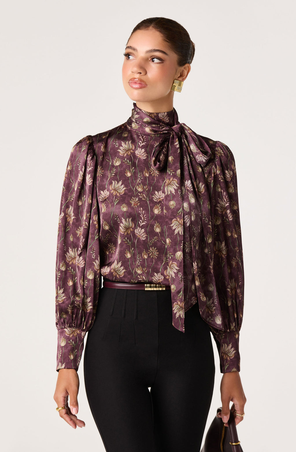 Johnna Floral Satin Tie Neck Blouse