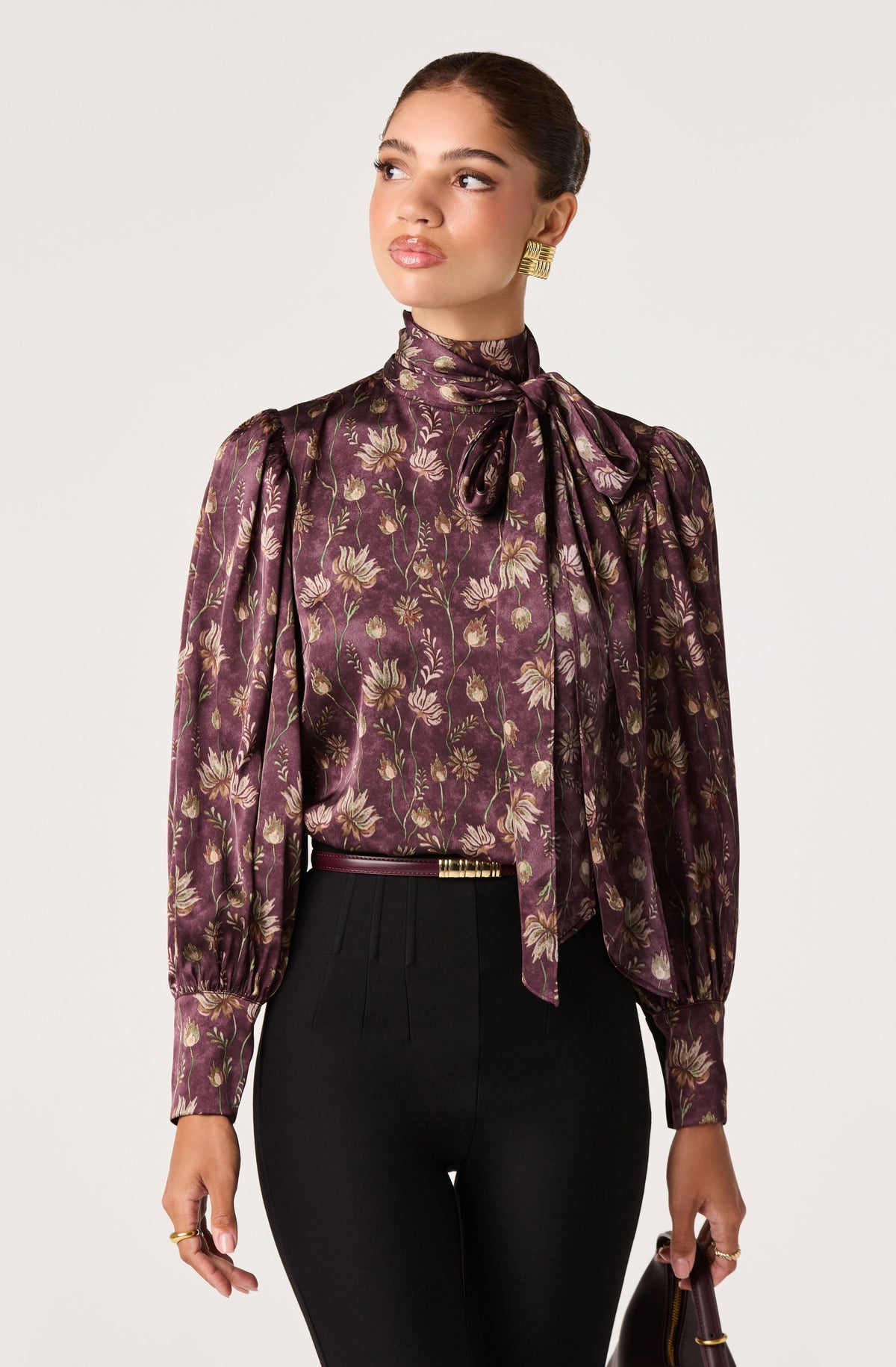 Johnna Floral Satin Tie Neck Blouse