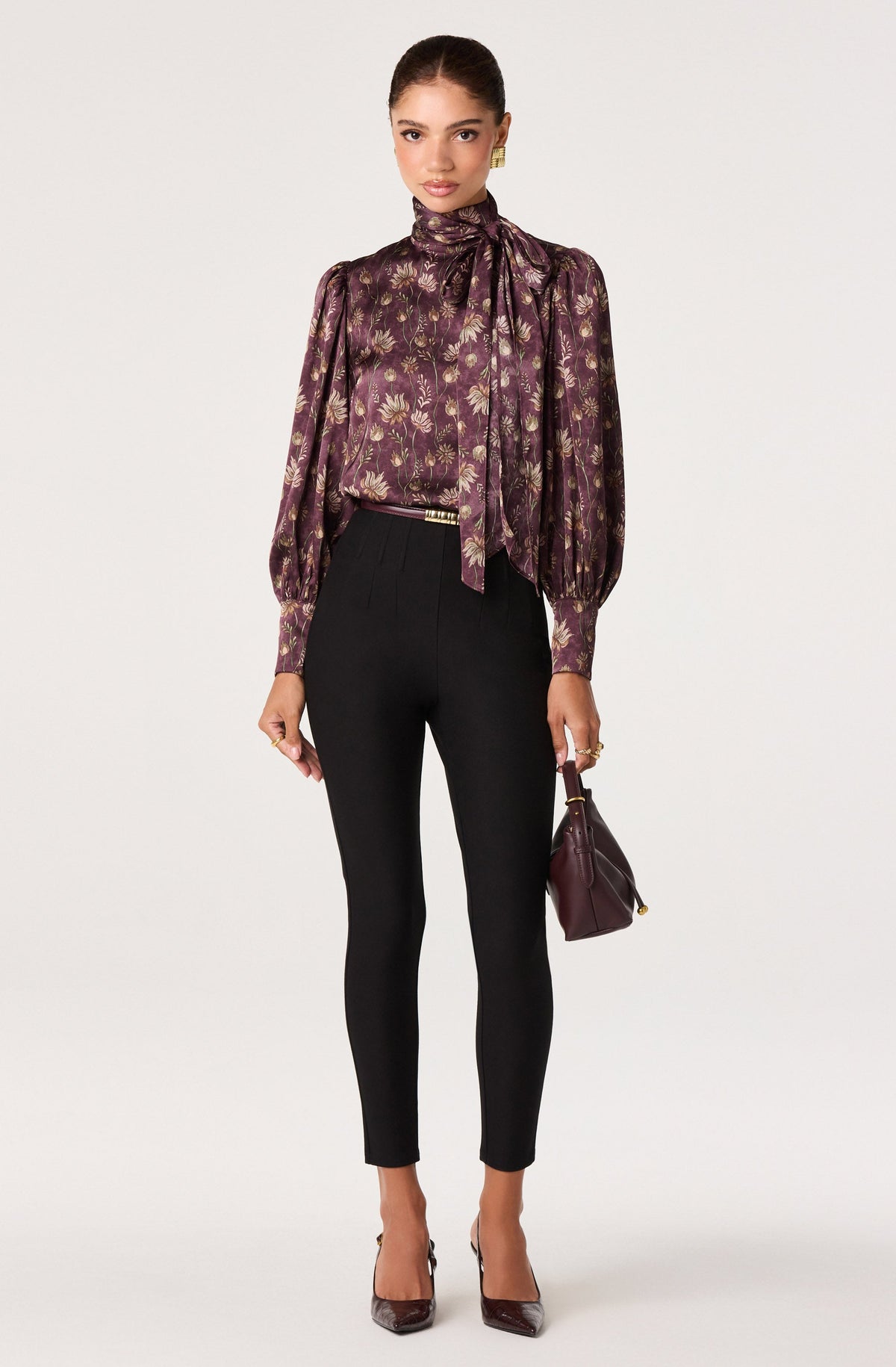 Johnna Floral Satin Tie Neck Blouse