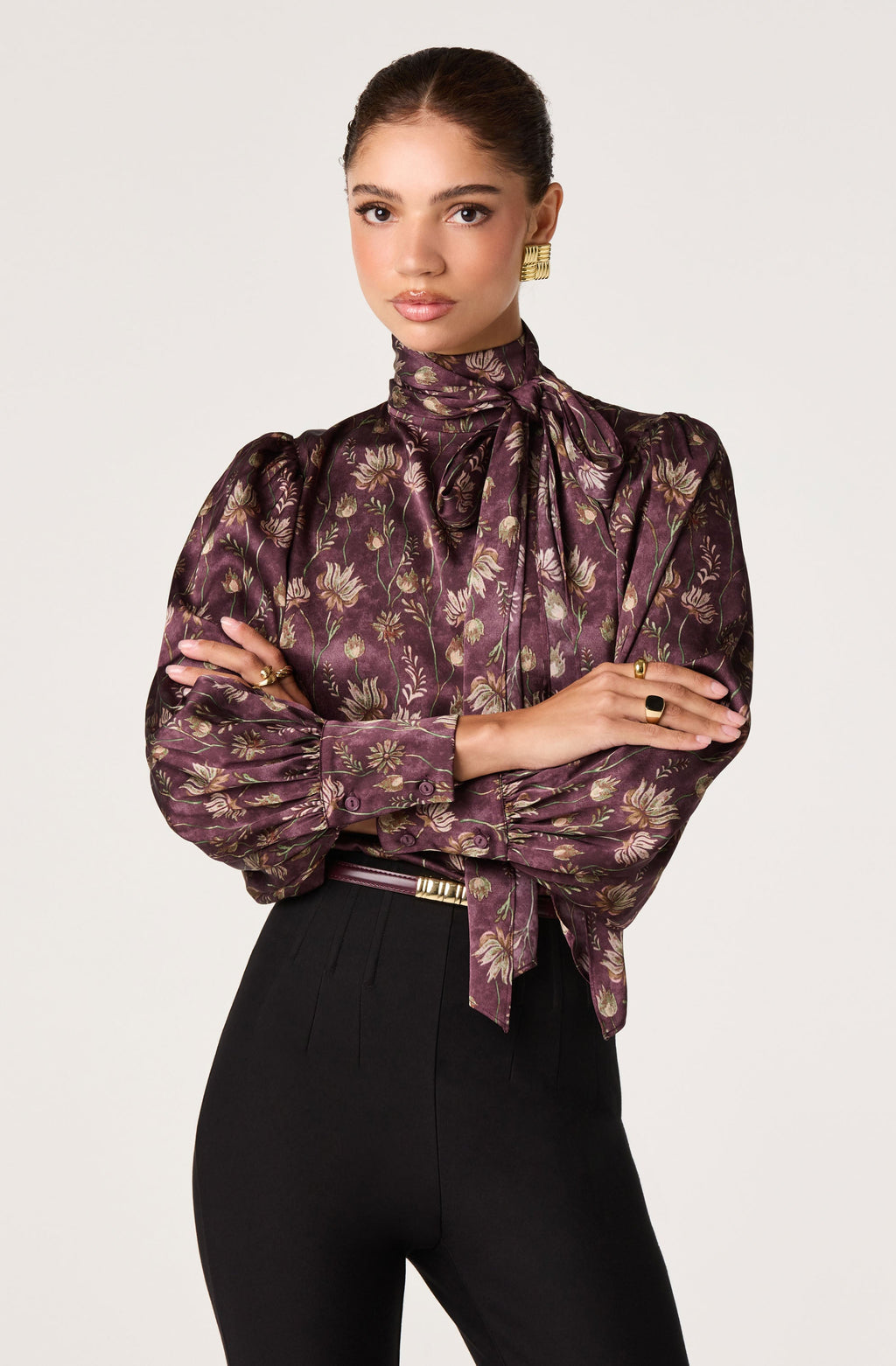 Johnna Floral Satin Tie Neck Blouse