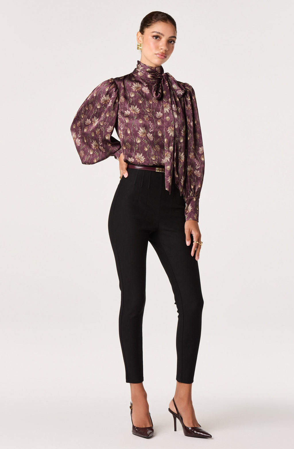 Johnna Floral Satin Tie Neck Blouse