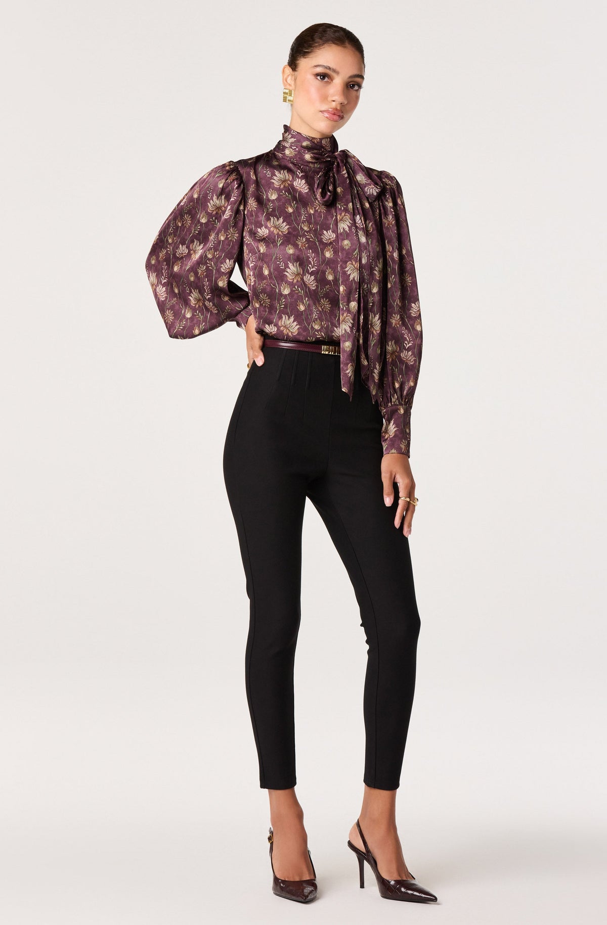 Johnna Floral Satin Tie Neck Blouse