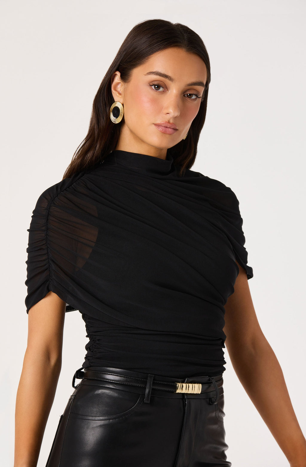 Adrya Ruched Mesh Asymmetric Wrap Top