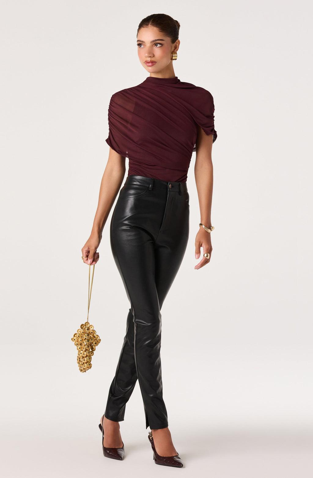 Adrya Ruched Mesh Asymmetric Wrap Top