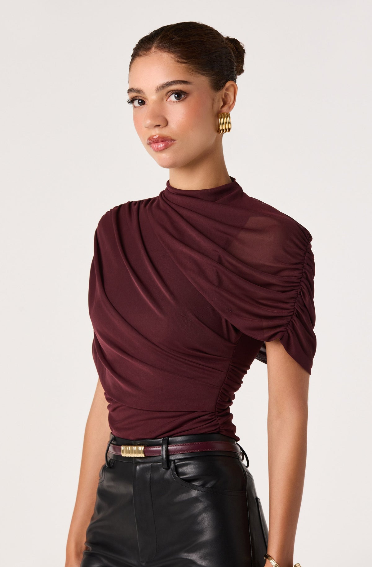 Adrya Ruched Mesh Asymmetric Wrap Top