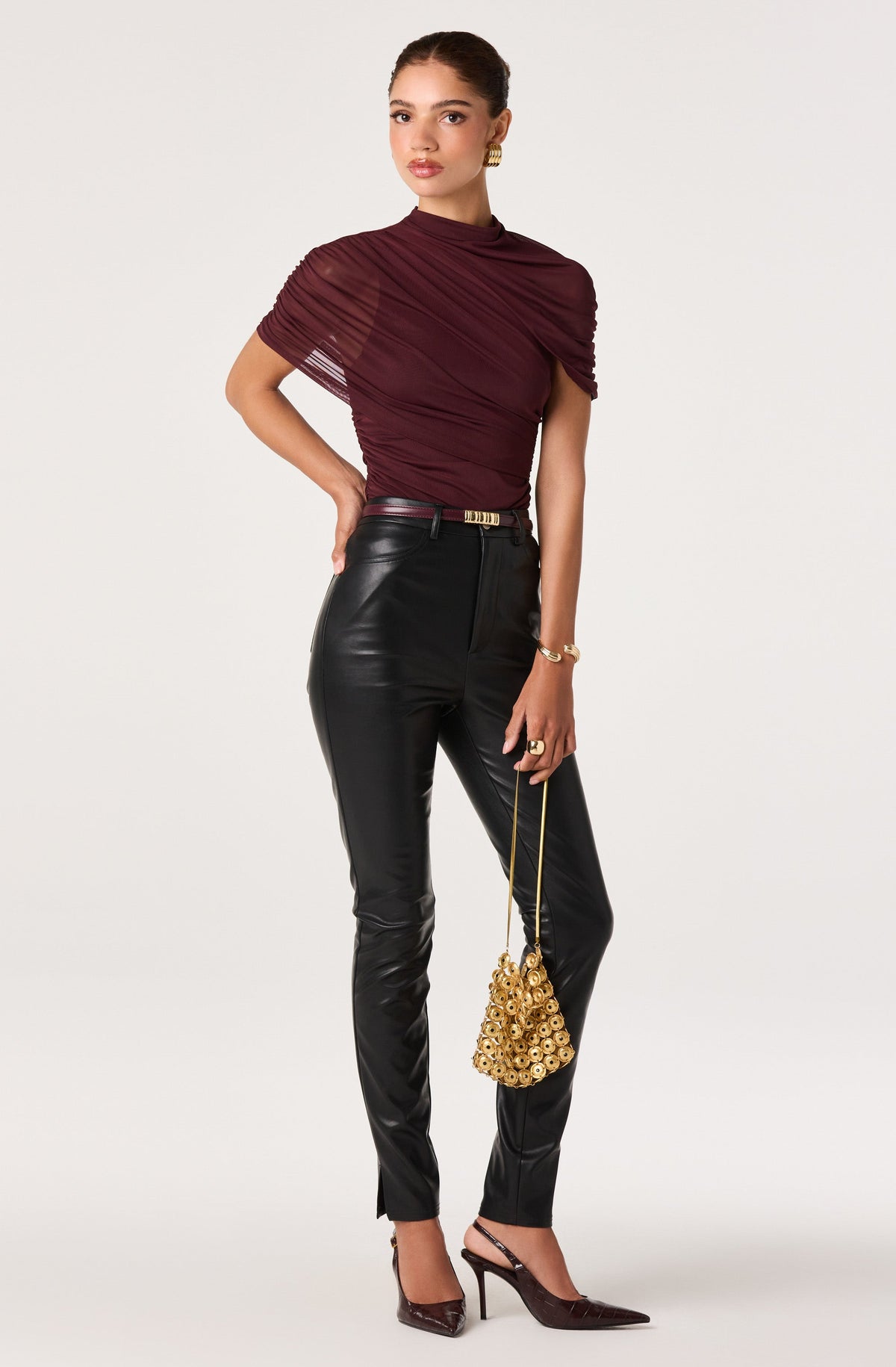 Adrya Ruched Mesh Asymmetric Wrap Top