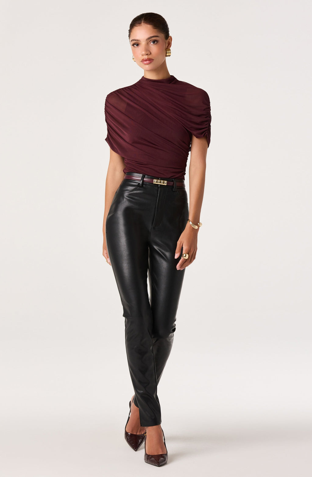 Adrya Ruched Mesh Asymmetric Wrap Top