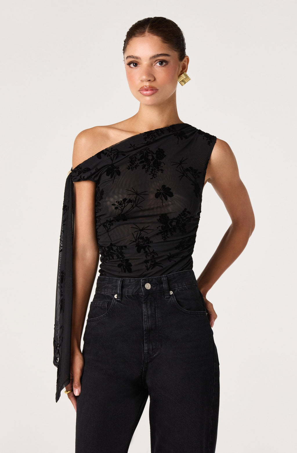 Marion Draped One Shoulder Mesh Top