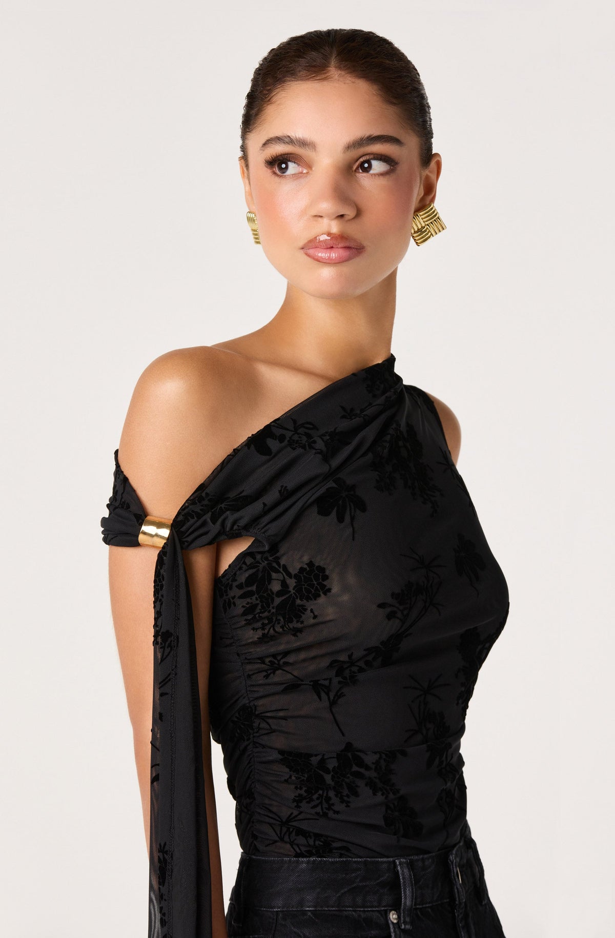Marion Draped One Shoulder Mesh Top