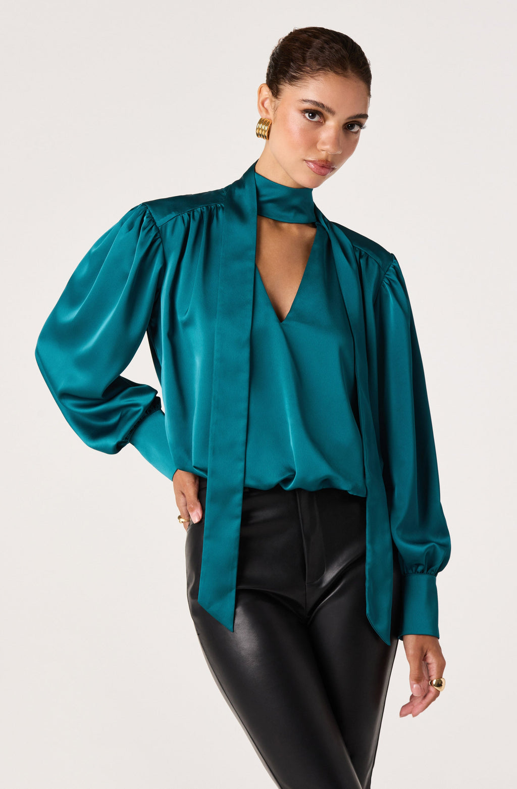 Stephany Satin Wrap Tie Neck Blouse