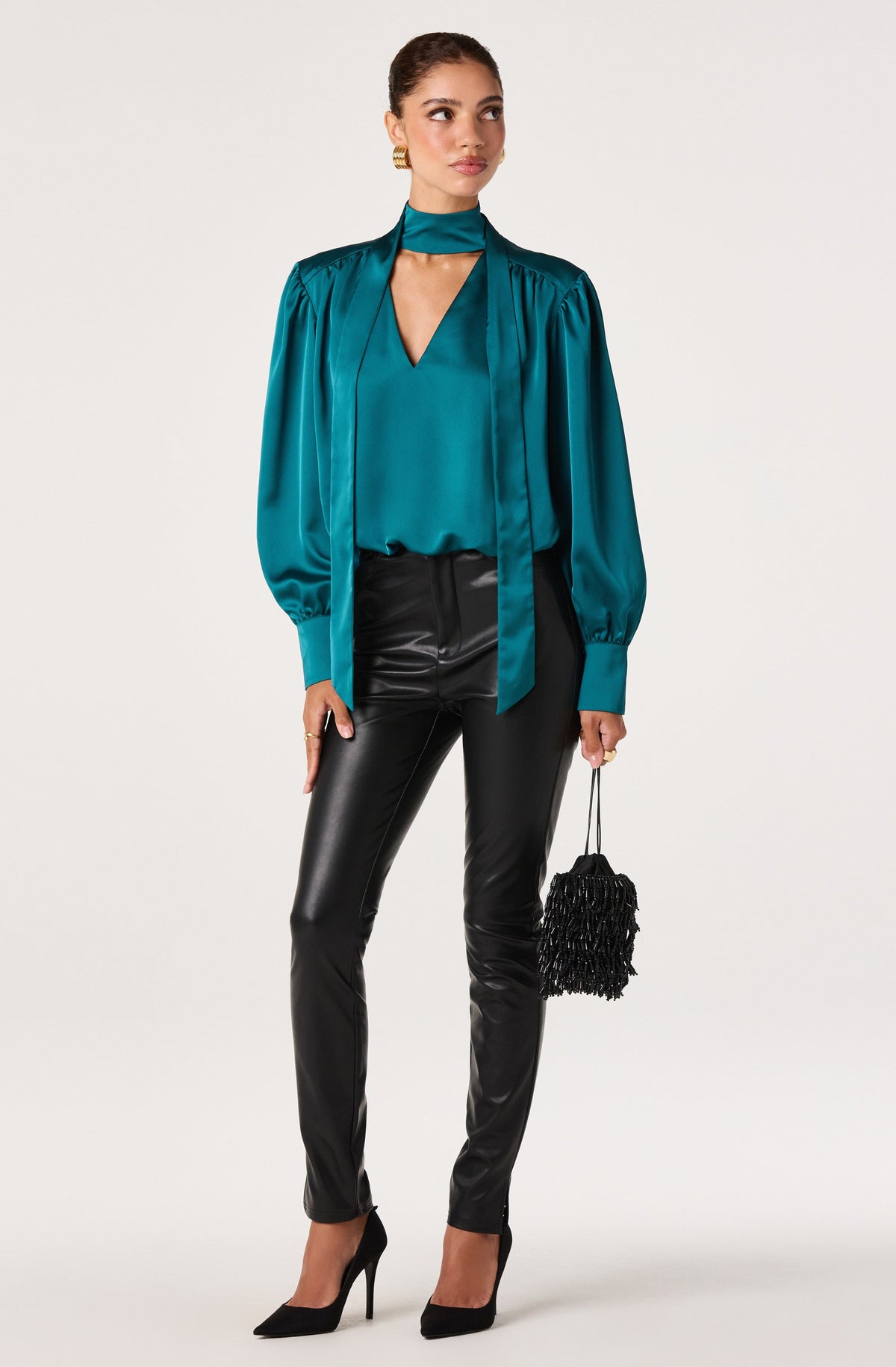 Stephany Satin Wrap Tie Neck Blouse