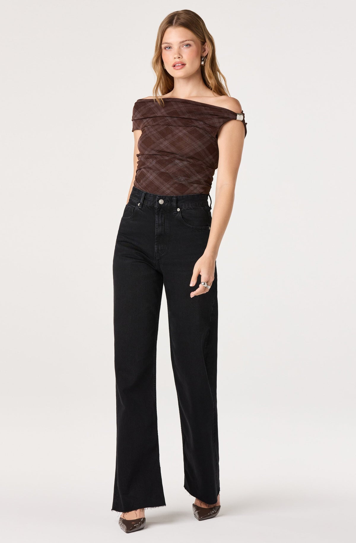 Yvette Plaid Mesh Off Shoulder Top