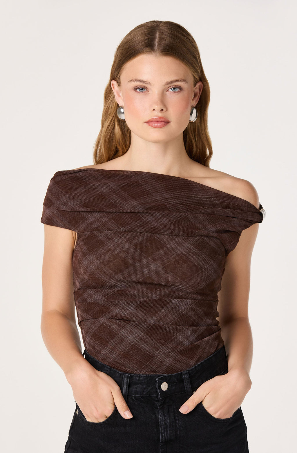 Yvette Plaid Mesh Off Shoulder Top