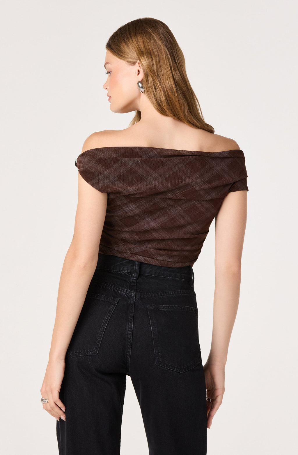 Yvette Plaid Mesh Off Shoulder Top