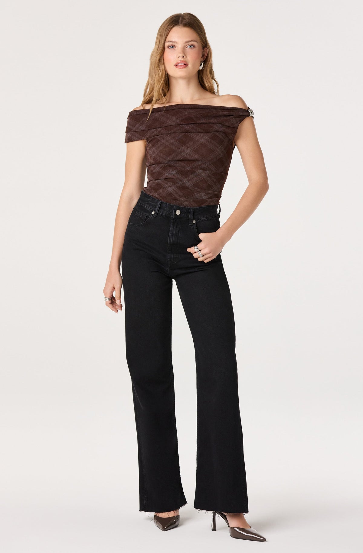 Yvette Plaid Mesh Off Shoulder Top