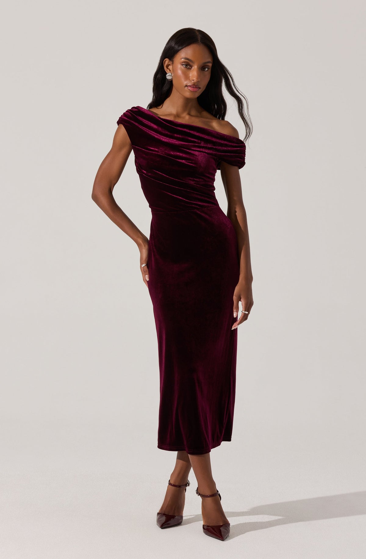 Velvet Off Shoulder Midi Dress