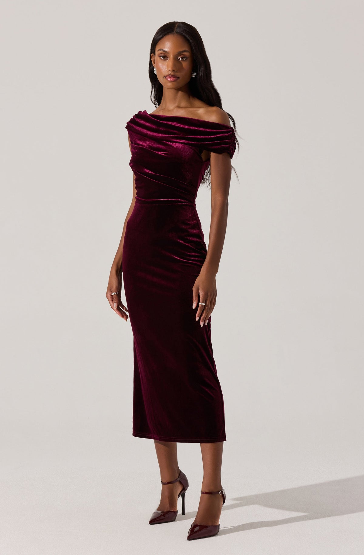 Velvet Off Shoulder Midi Dress