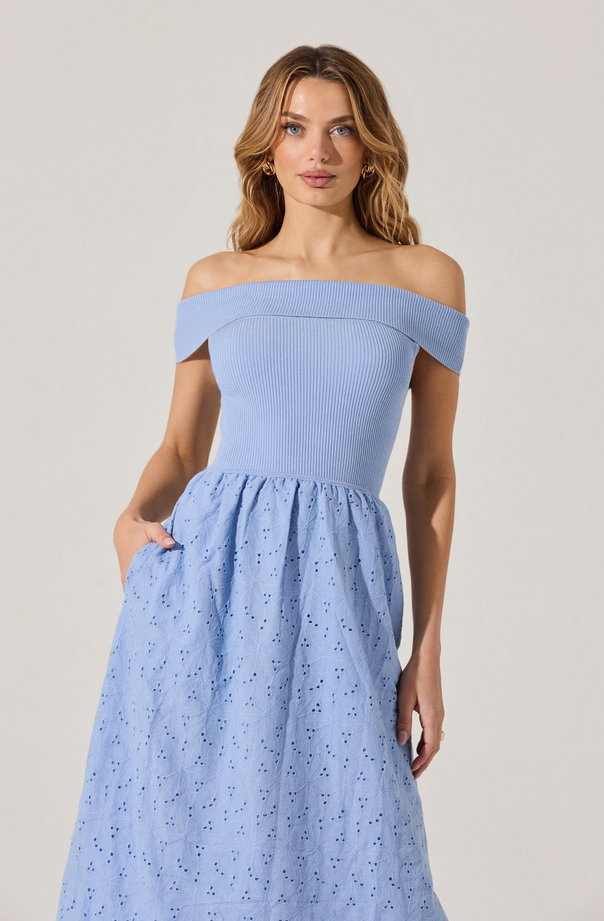 Off Shoulder Eyelet Midi Dress