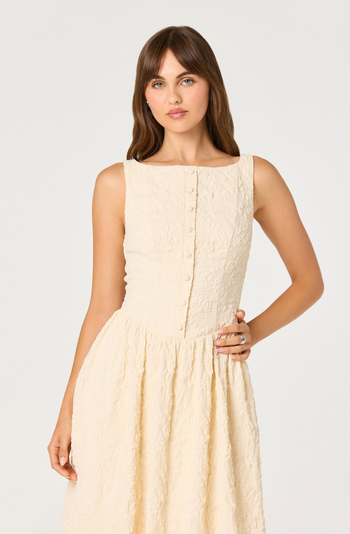 Button Front Boat Neck Midi Dress