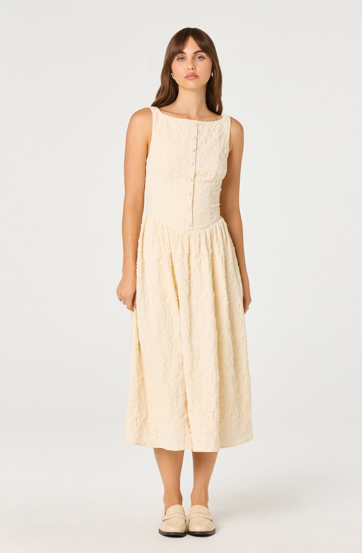 Button Front Boat Neck Midi Dress