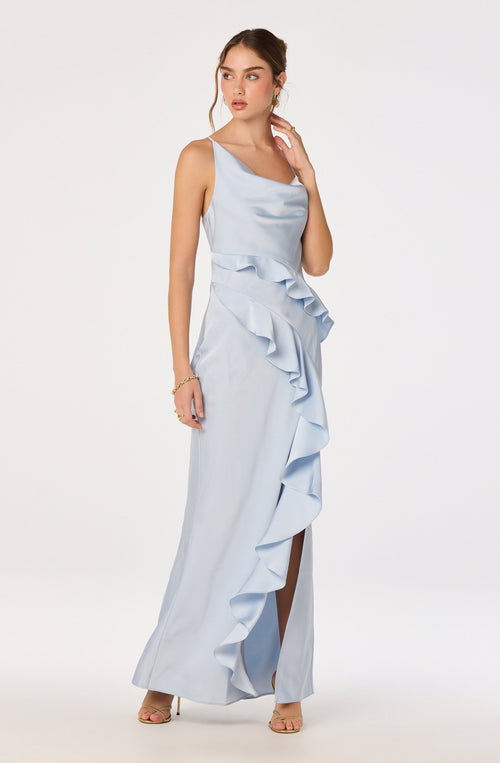 Adelina Satin Ruffle Maxi Dress
