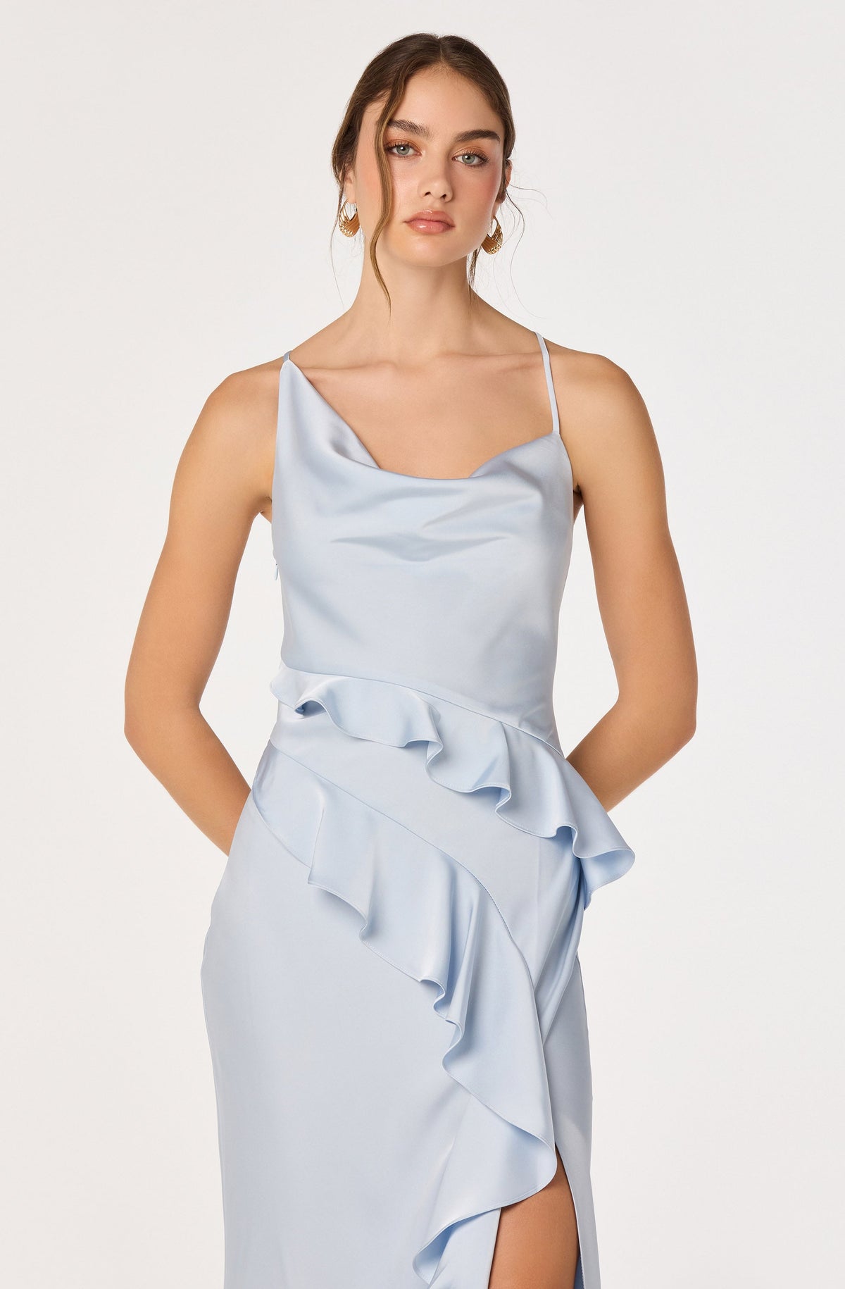 Adelina Satin Ruffle Maxi Dress