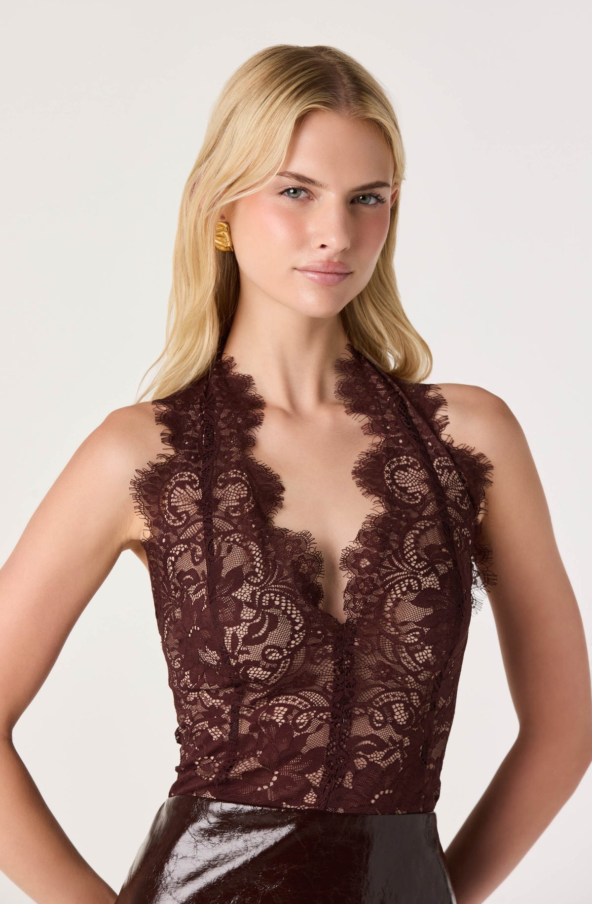 Rita Lace Faux Leather Halter Dress