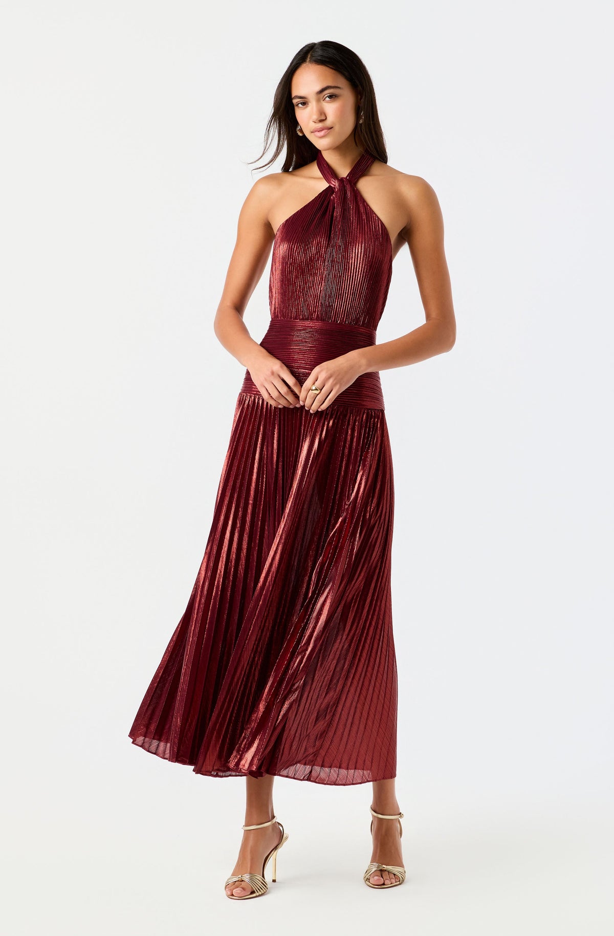 Tlialli Metallic Plissé Halter Maxi Dress