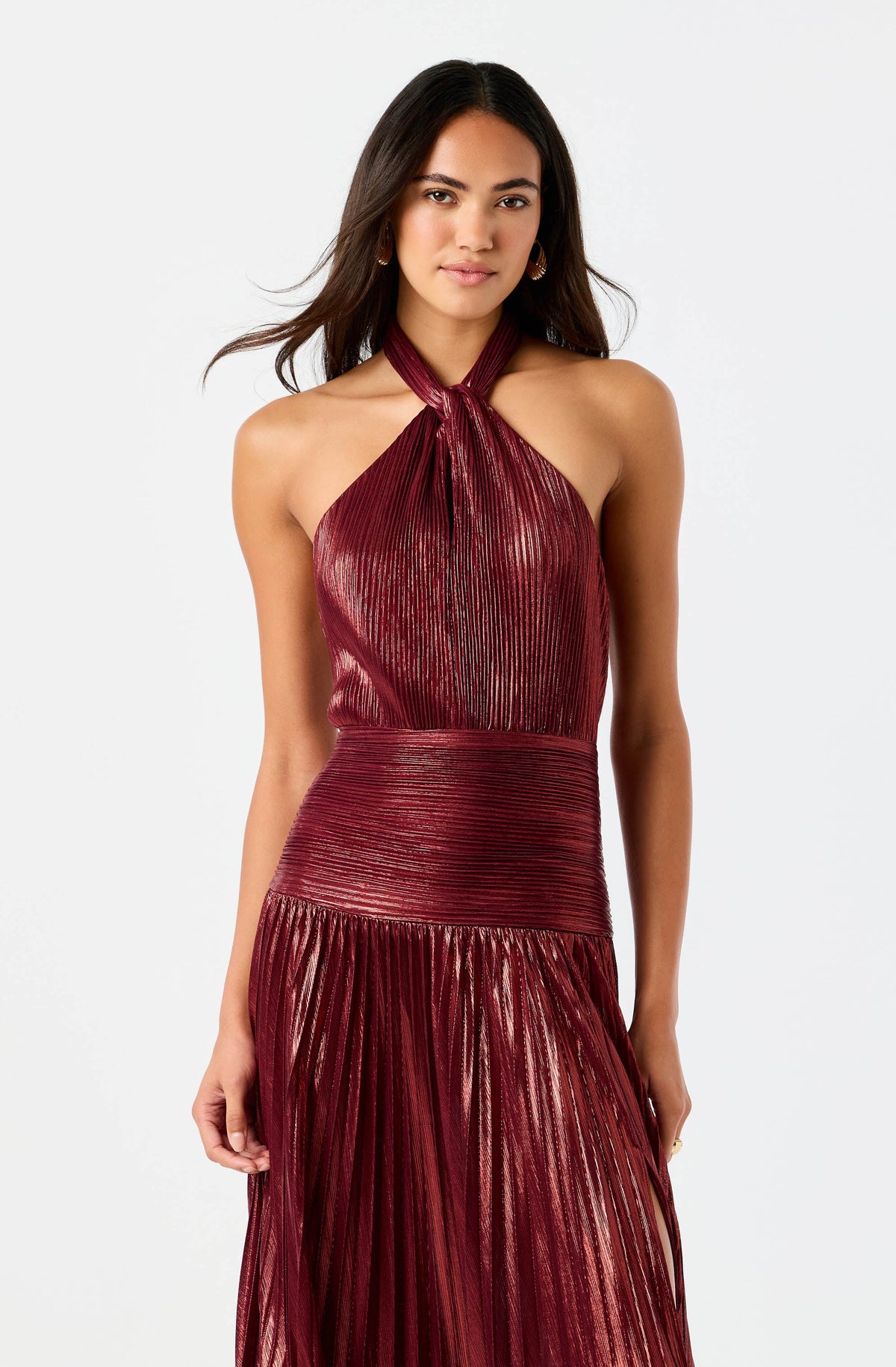 Tlialli Metallic Plissé Halter Maxi Dress