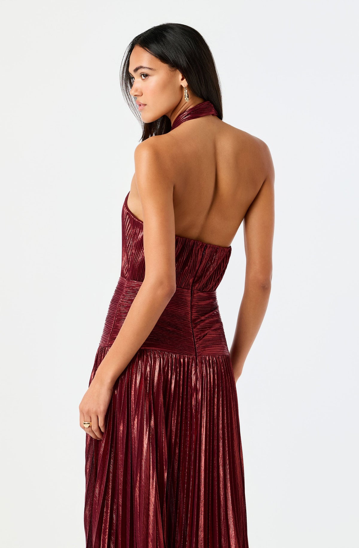 Tlialli Metallic Plissé Halter Maxi Dress