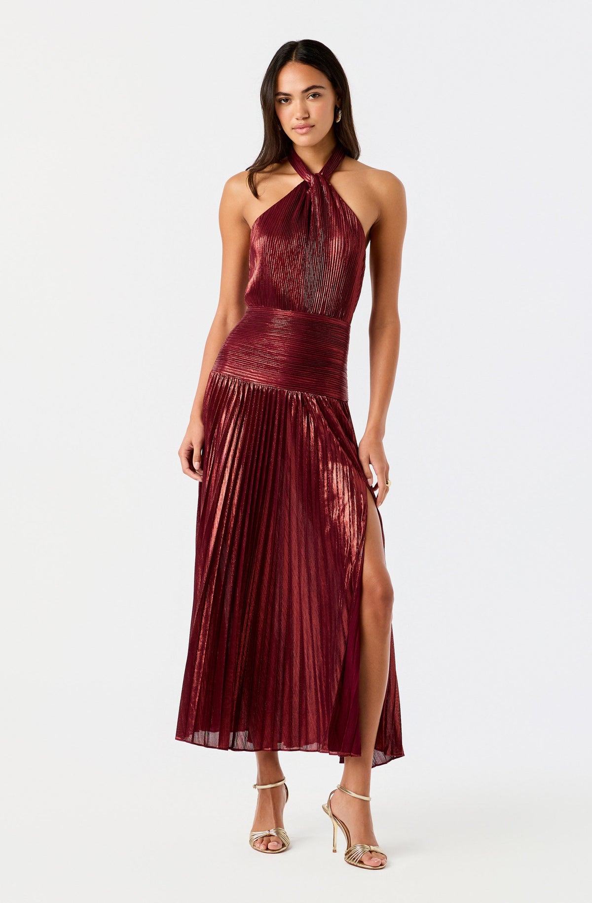 Tlialli Metallic Plissé Halter Maxi Dress