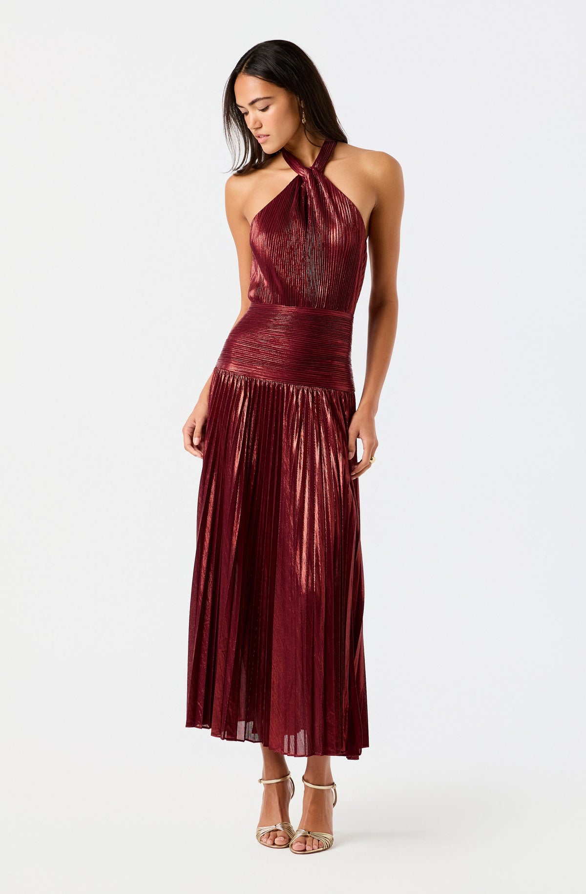 Tlialli Metallic Plissé Halter Maxi Dress