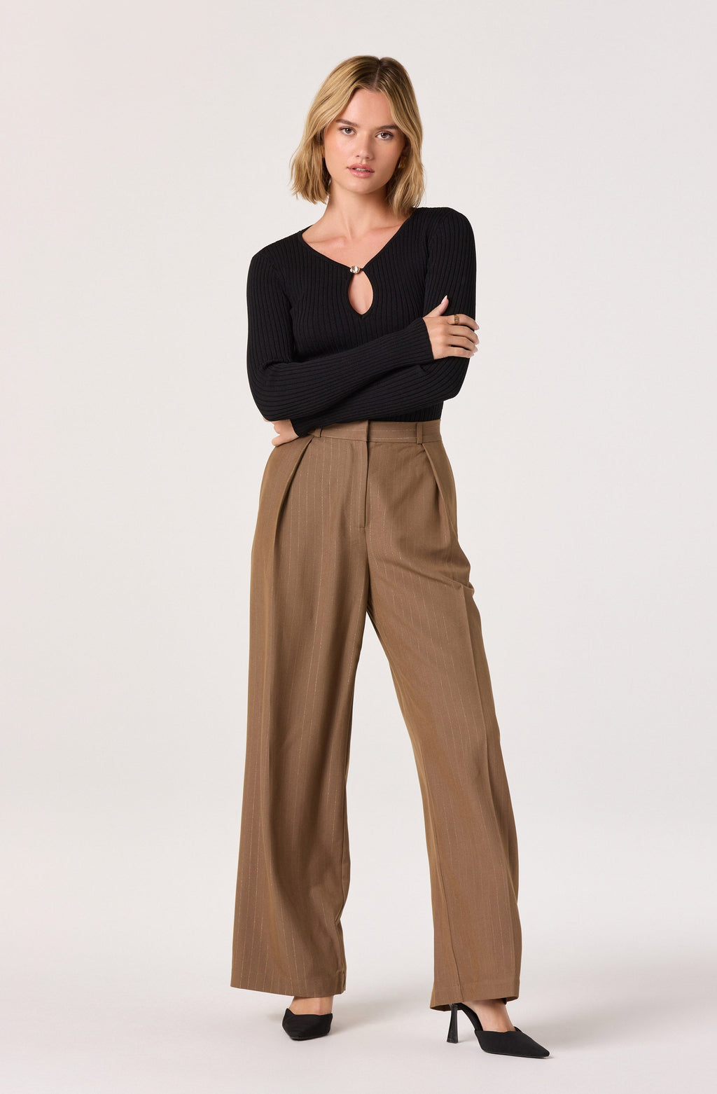 Pleated Metallic Pinstripe Trouser