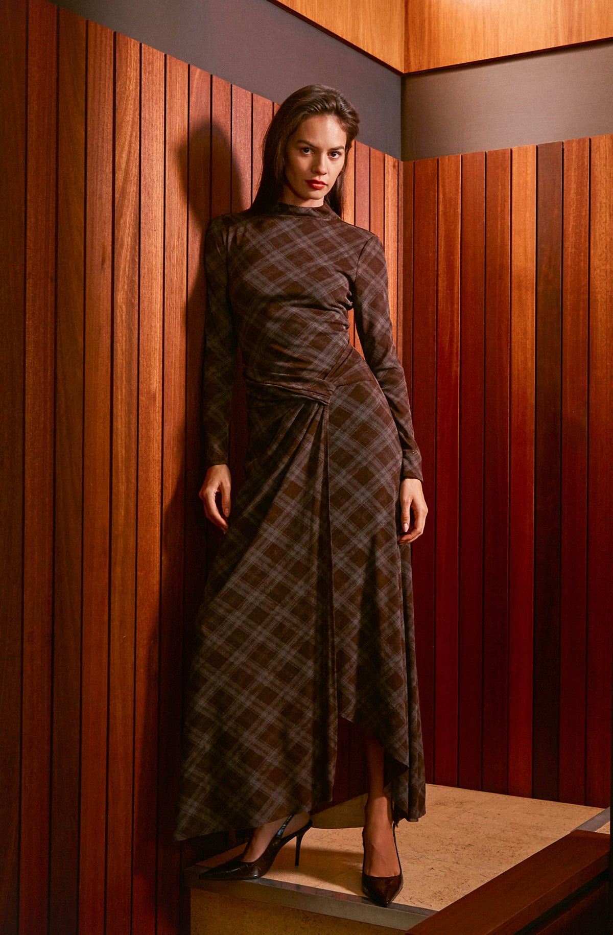 Whitney Plaid Mesh Maxi Dress