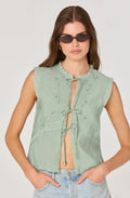 Lace trimmed tie front top