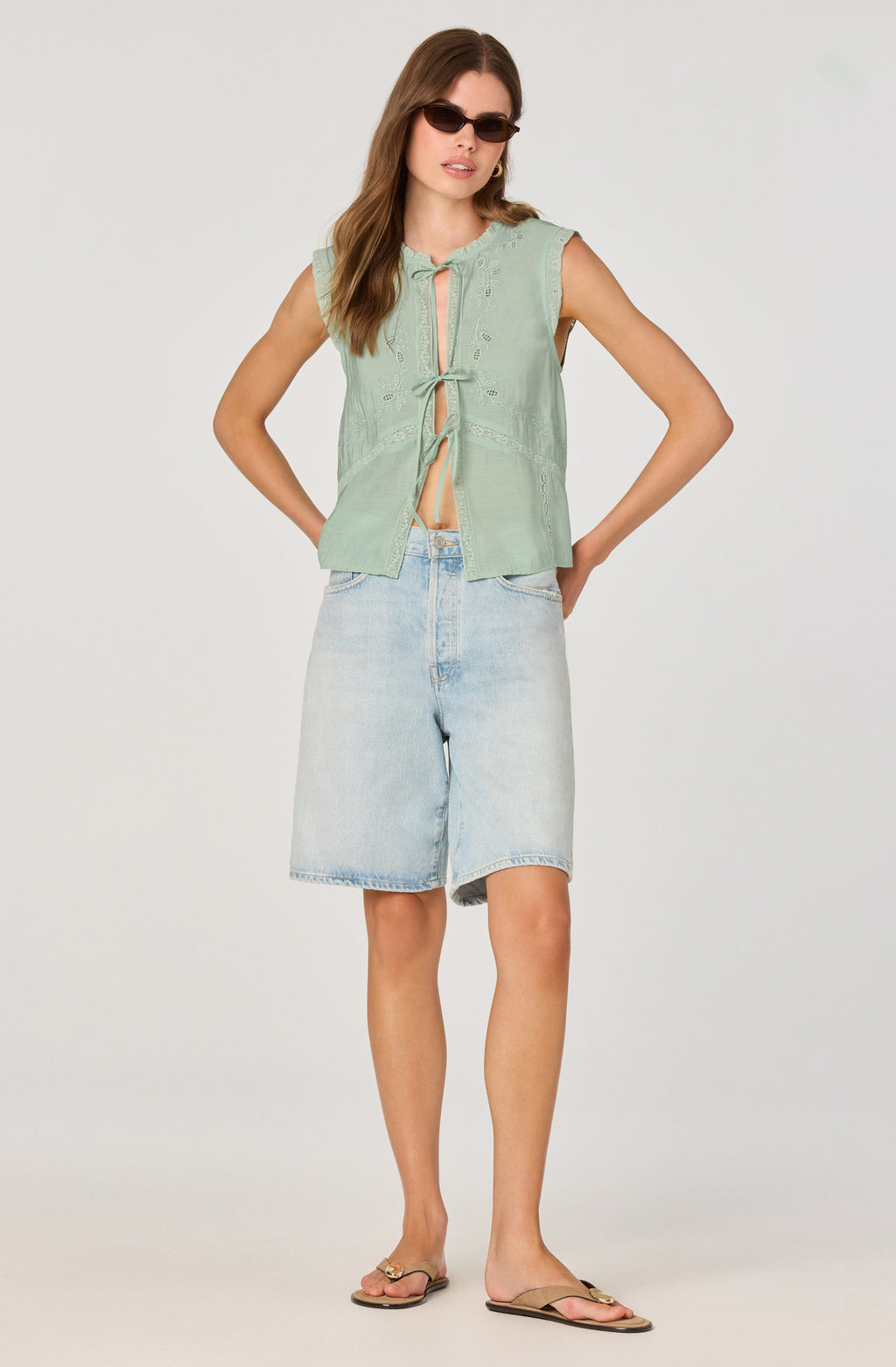 Lace trimmed tie front top