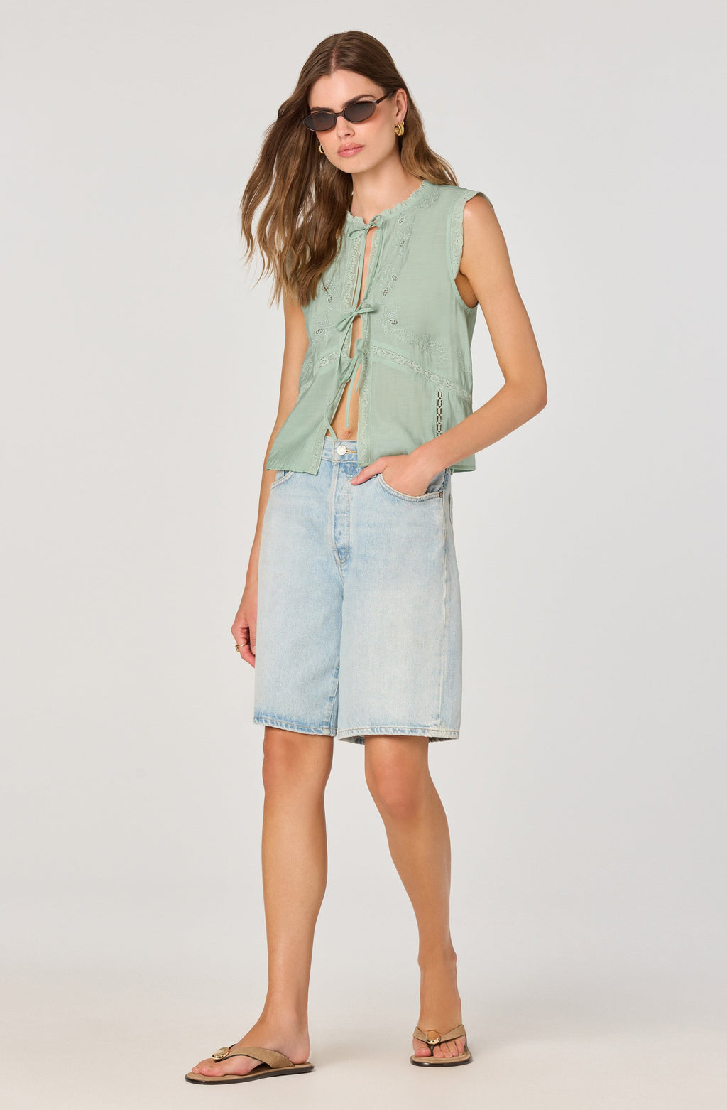 Lace trimmed tie front top