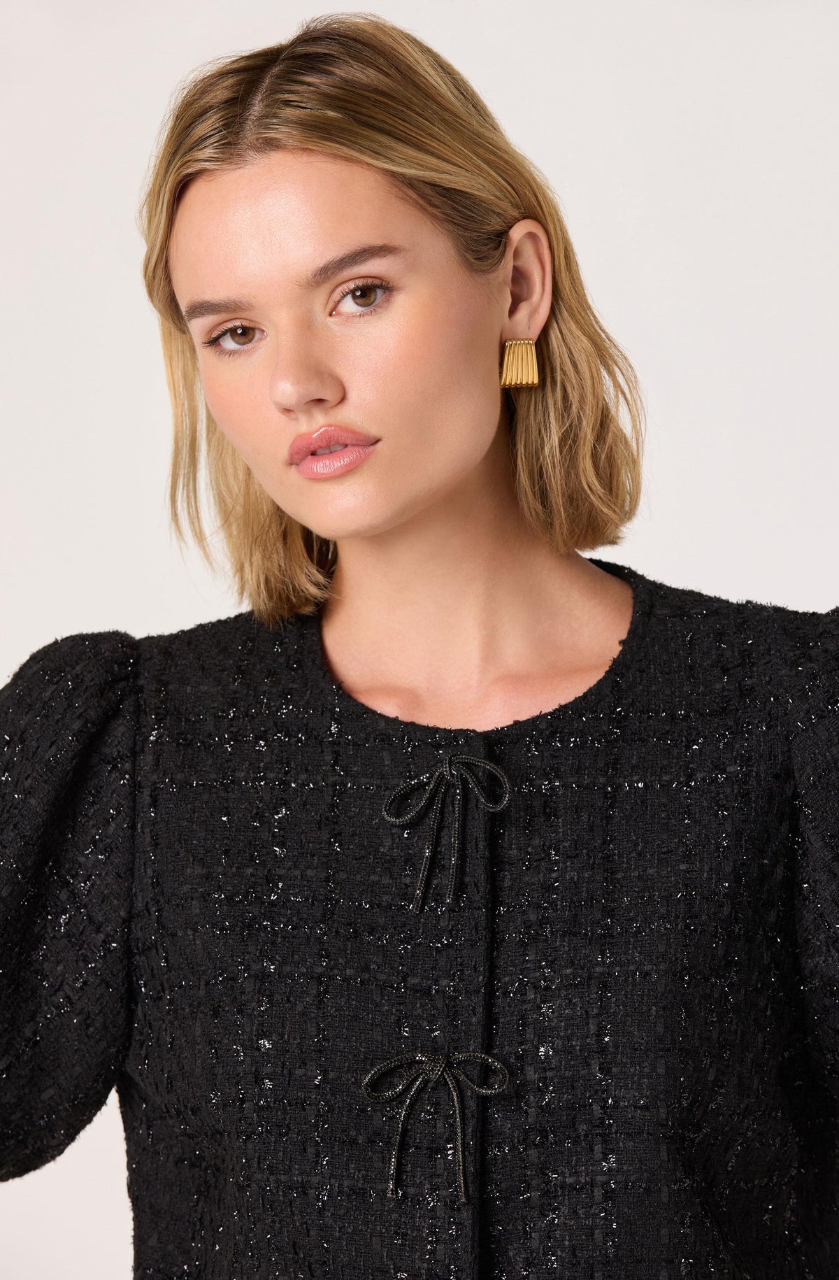Tweed Puff Sleeve Bow Jacket