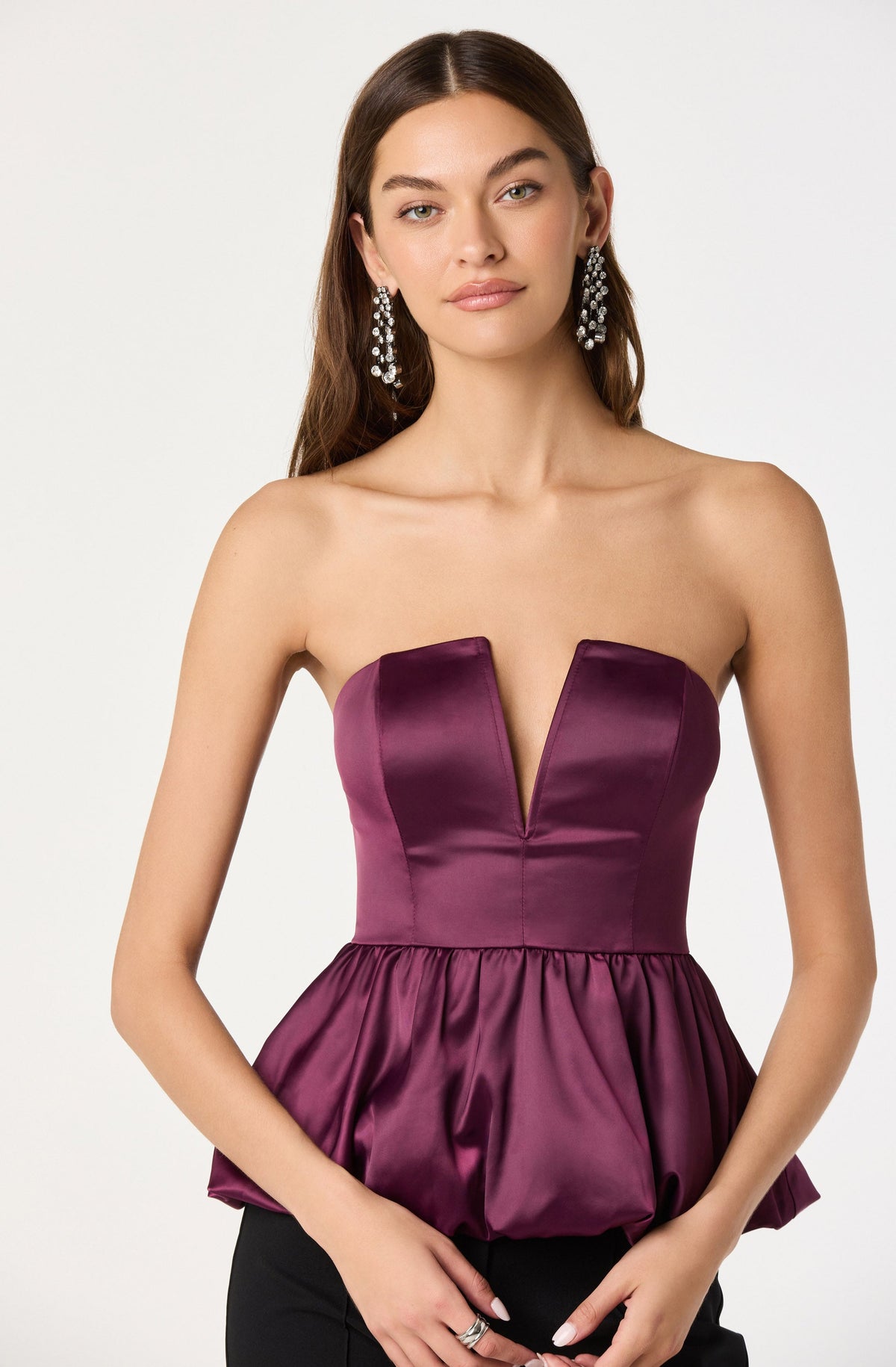Satin Strapless Plunge Peplum Top