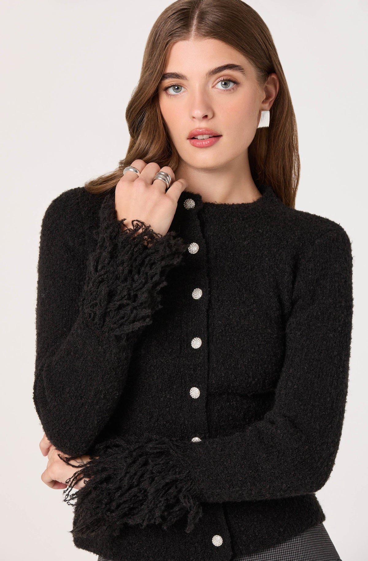 Fringe Sleeve Bouclé Knit Cardigan