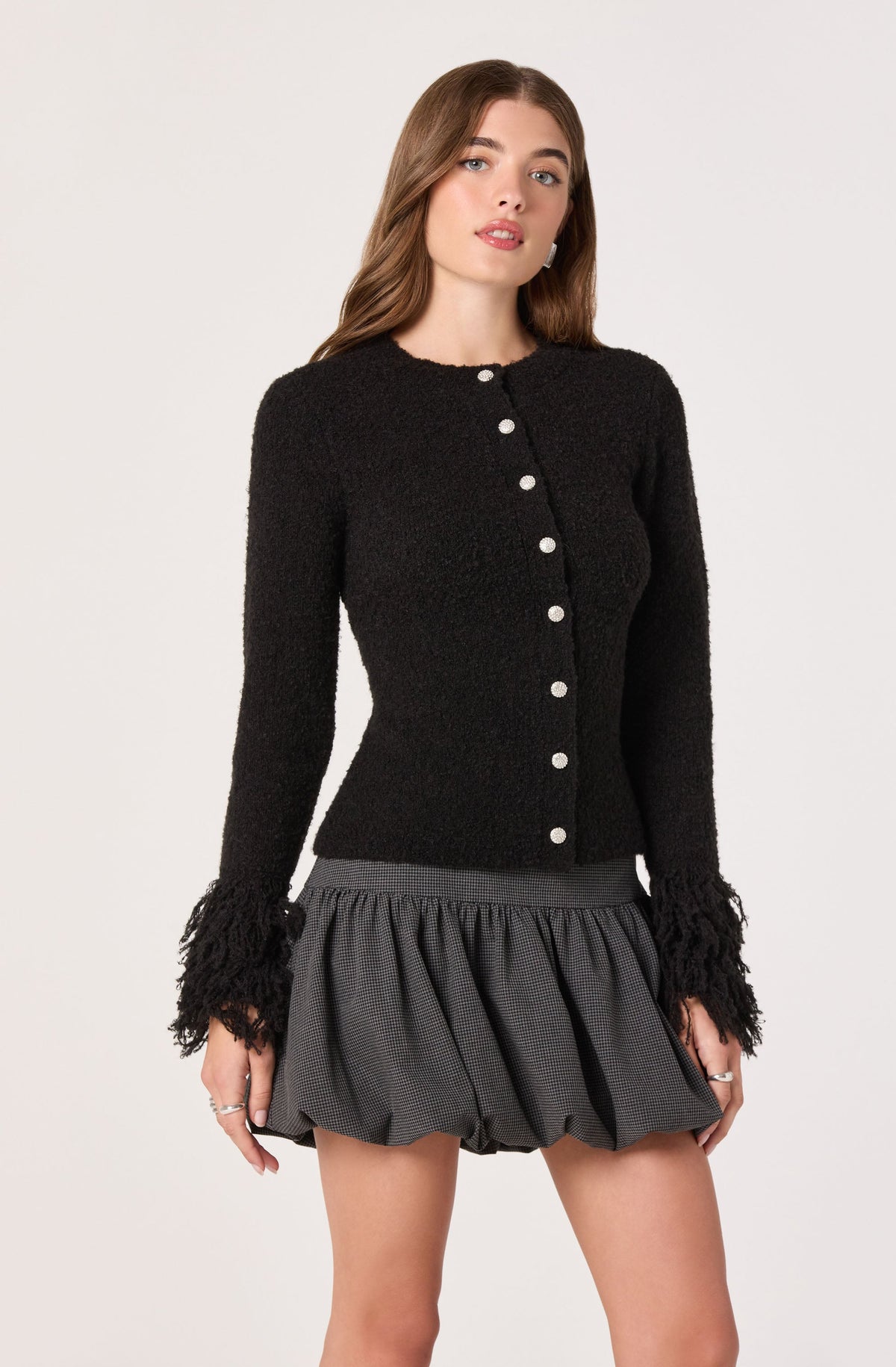 Fringe Sleeve Bouclé Knit Cardigan