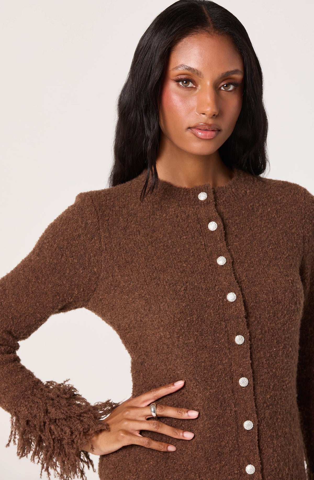 Fringe Sleeve Bouclé Knit Cardigan