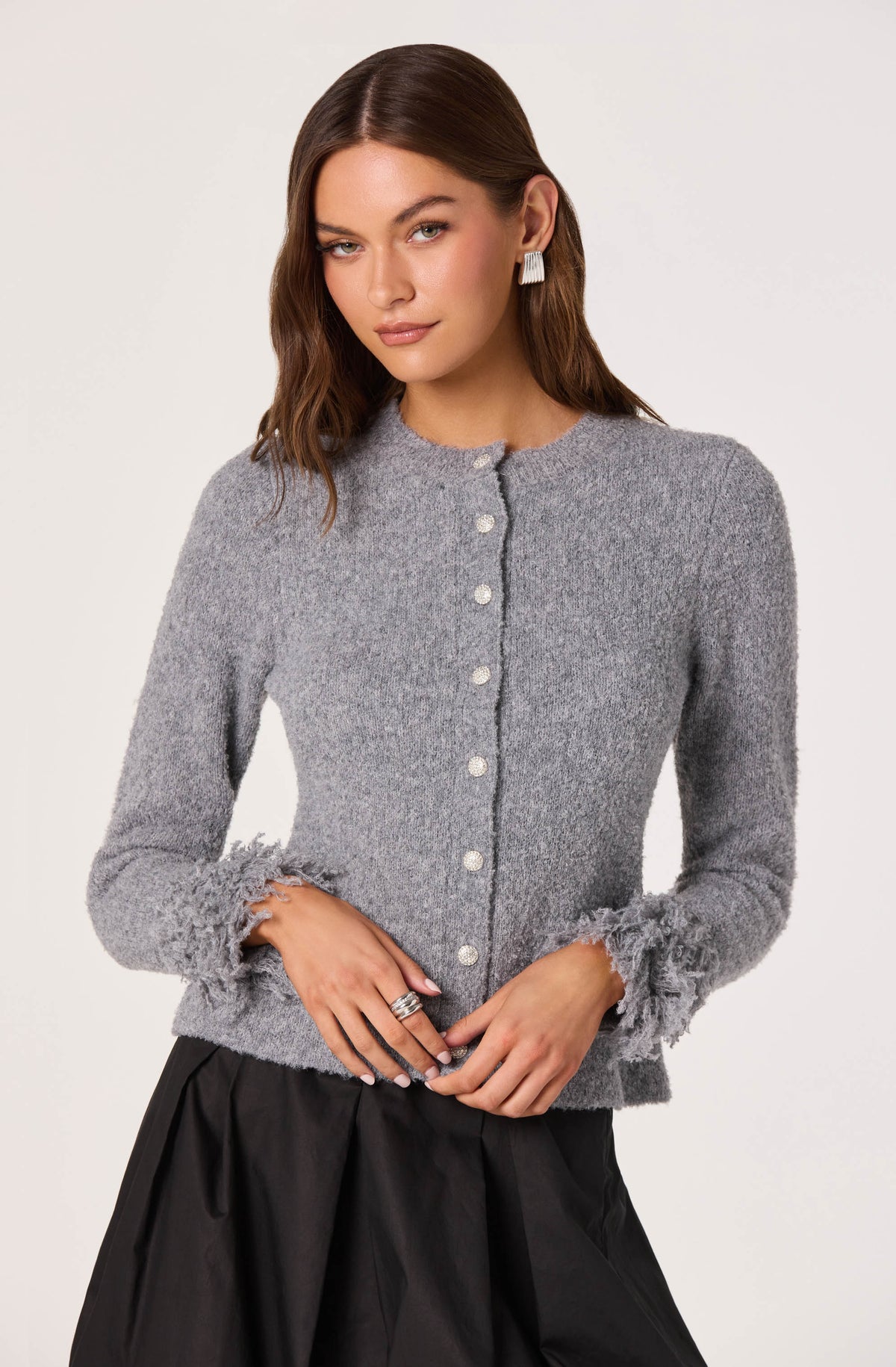 Fringe Sleeve Bouclé Knit Cardigan